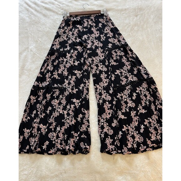 Angie Womens Pants Small Wide Leg Black Floral Lace Inserts Boho Beach Palazzo - Picture 4 of 12